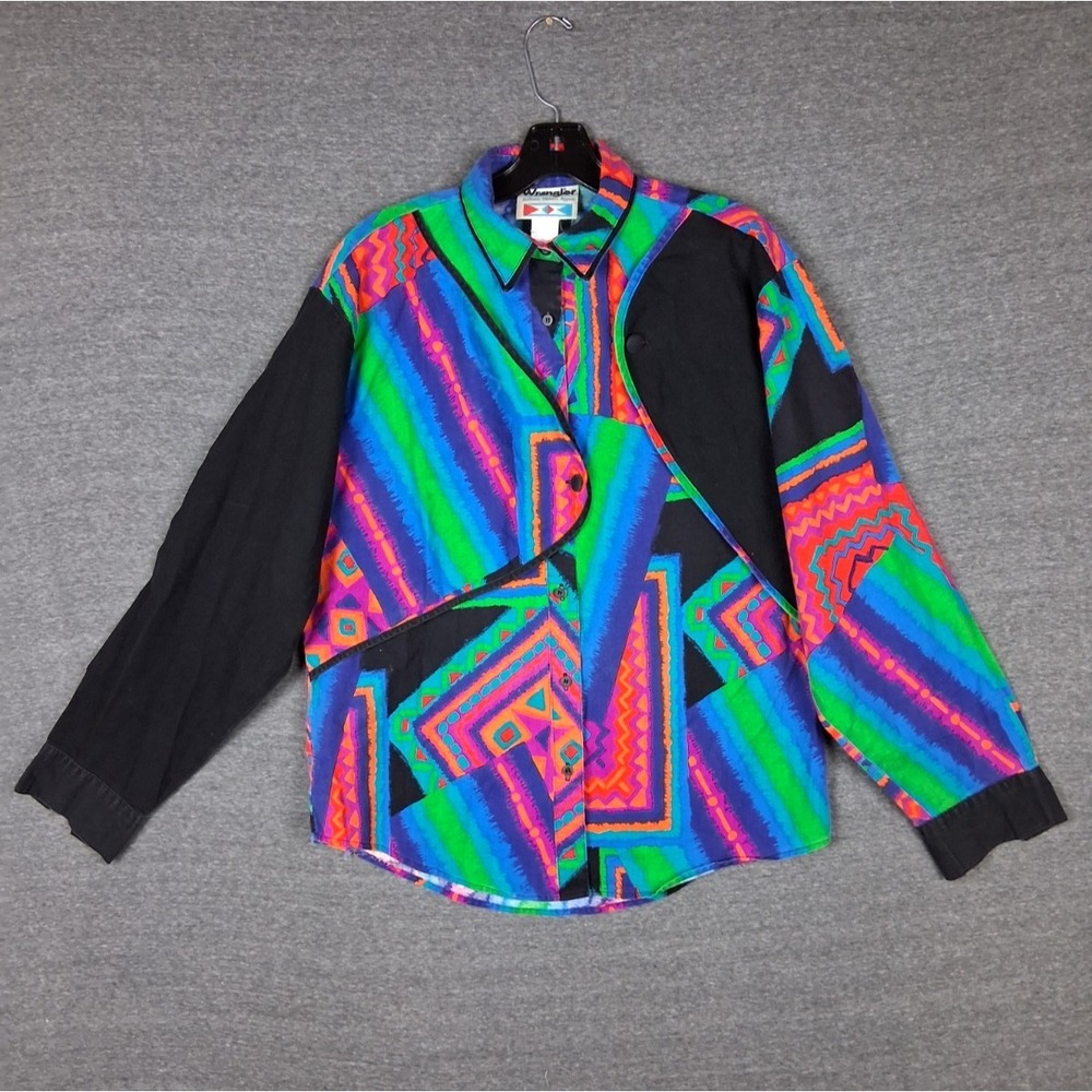 VTG Wrangler Womens Shirt L Blue Multi Color Western Rockabilly Punchy Southwest